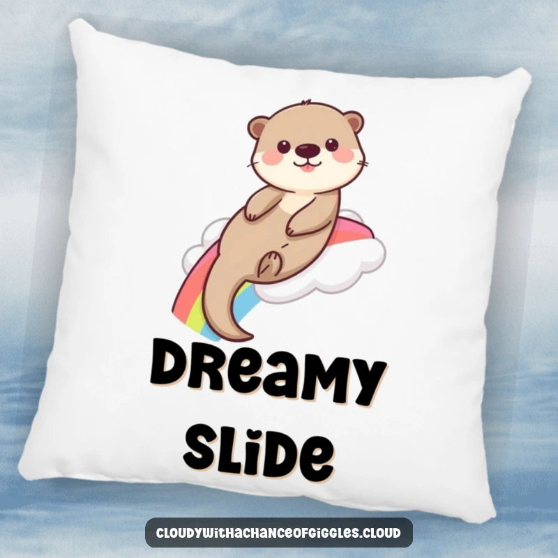 Playful otter slides down a rainbow from a fluffy cloud, making this pillow a cozy and amusing accent.