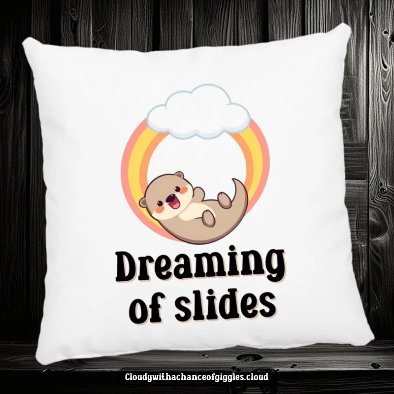 Funny decorative pillow featuring a happy otter sliding down a rainbow from a cloud, bringing soft comfort and playful charm.