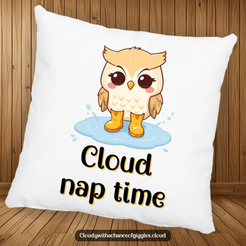 Funny decorative pillow featuring an owl in rain boots splashing in a cloud puddle, bringing soft comfort and playful charm.