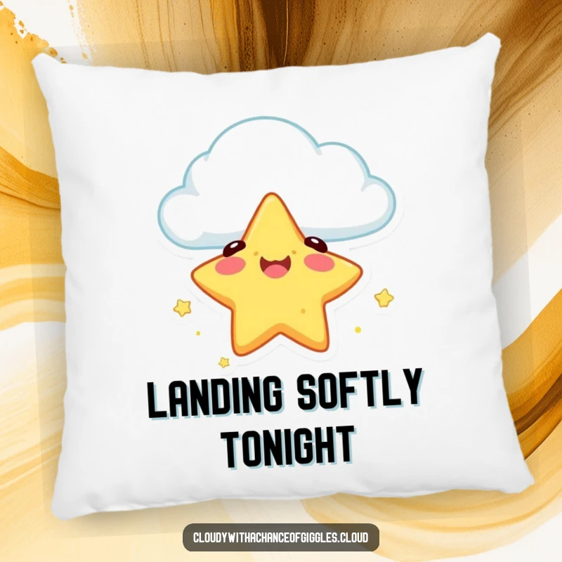 Funny pillow with a happy star character safely falling from a cloud, offering whimsical and humorous comfort.