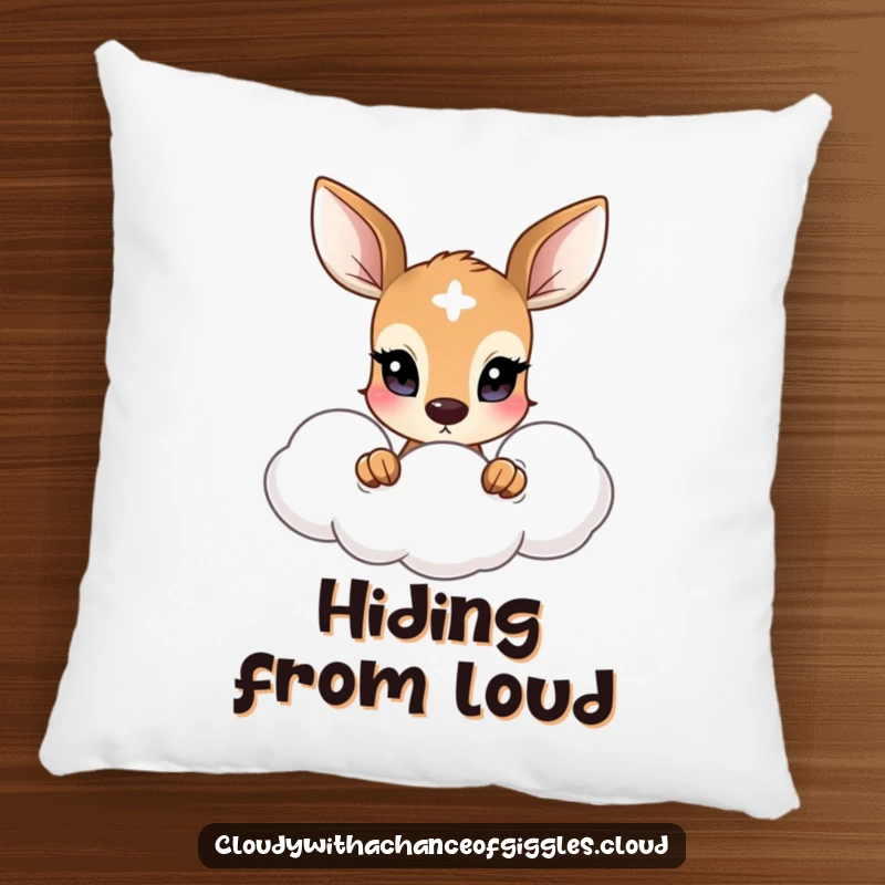 Funny pillow with a shy deer and big eyes peeking from a soft cloud, offering comfort and a sweet, gentle look.