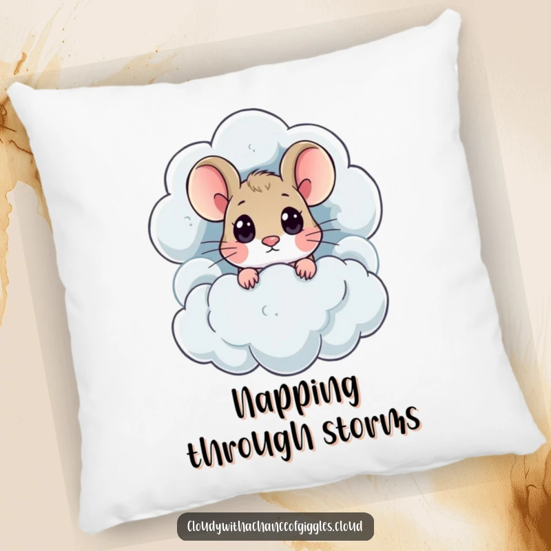 Curious mouse with big eyes peeks from a thundercloud, making this pillow a cozy and amusing accent.