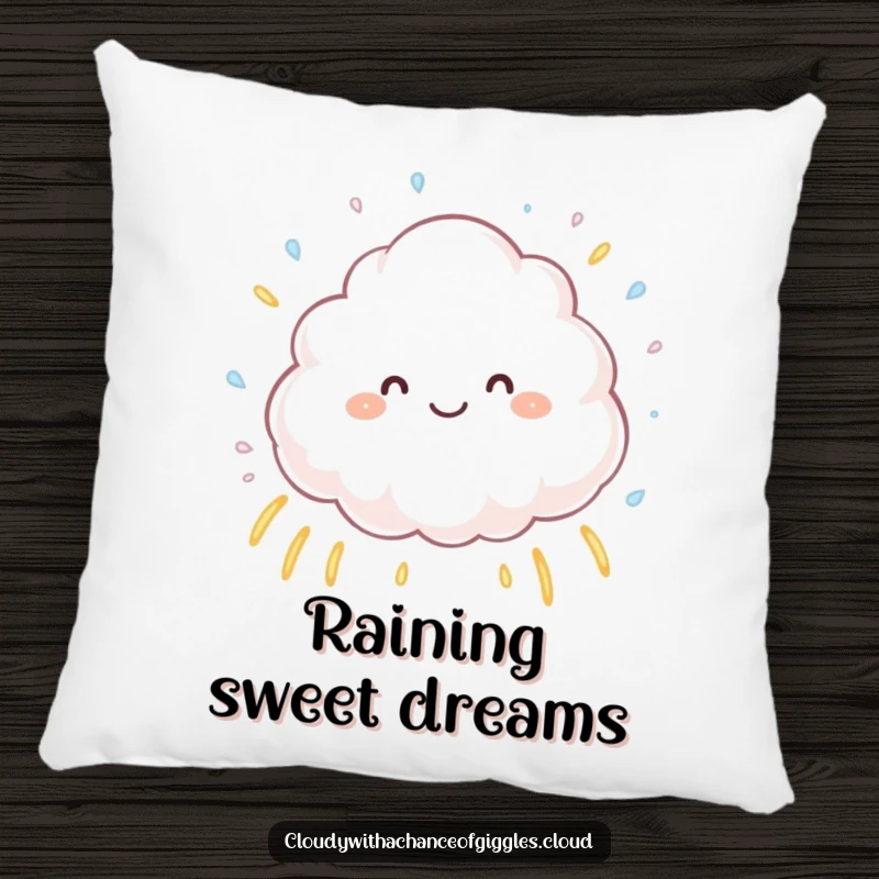 Funny fluffy cloud sprinkling tiny raindrops that form little rainbows, a soft and humorous accent pillow for adding cheer and comfort.