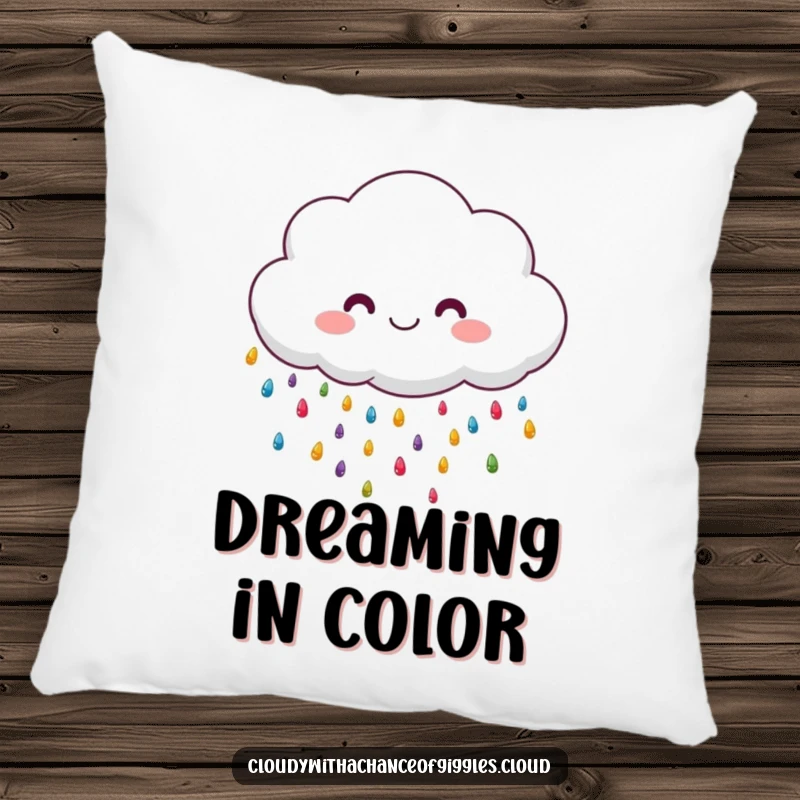 Funny fluffy cloud raining colorful tiny raindrops, a soft and humorous pillow.