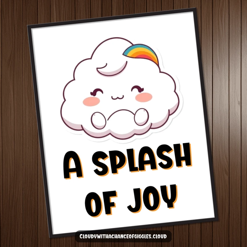 Funny digital art print of a cute cloud animal character in a rainbow hat waving hello, adding cheerful decor.