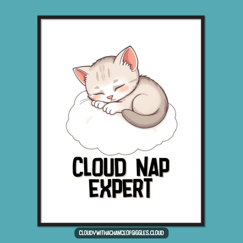 Funny Sleepy Kitten Digital Art: Cozy Cloud Scene, Instant Funny Gift Download