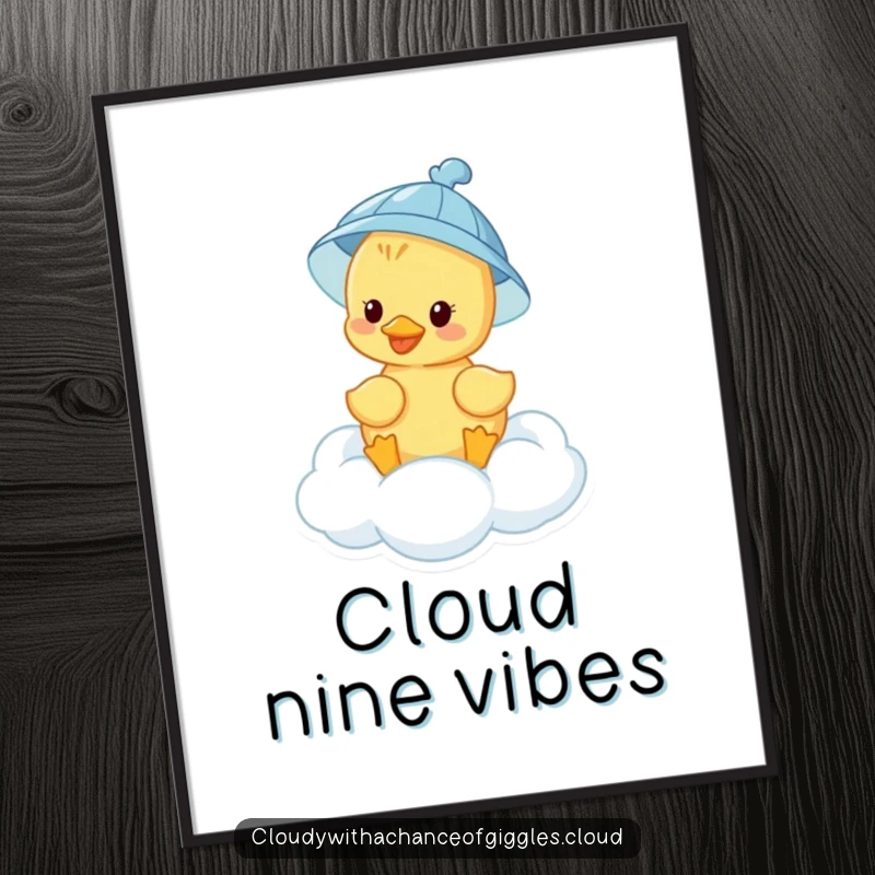 Funny duckling in a rain hat floats happily on a cloud, rendered as a vibrant digital art print.