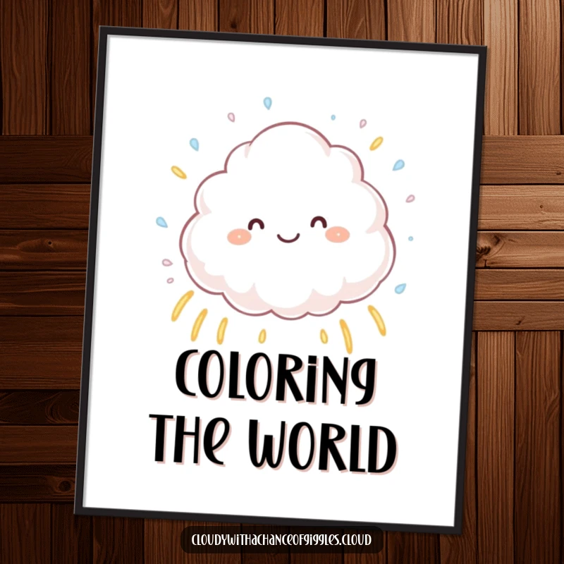 Funny fluffy cloud character sprinkling tiny raindrops that create small rainbows, a cheerful and humorous digital artwork ready for immediate printing.