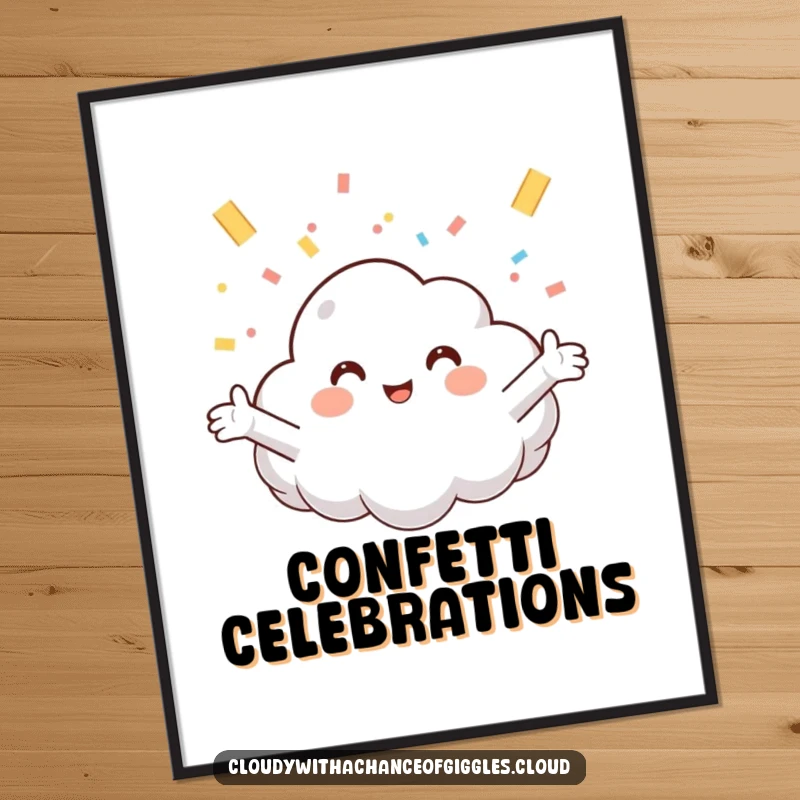 Funny digital art print of a smiling cloud with arms wide, catching a burst of confetti, ideal for vibrant, humorous decor.