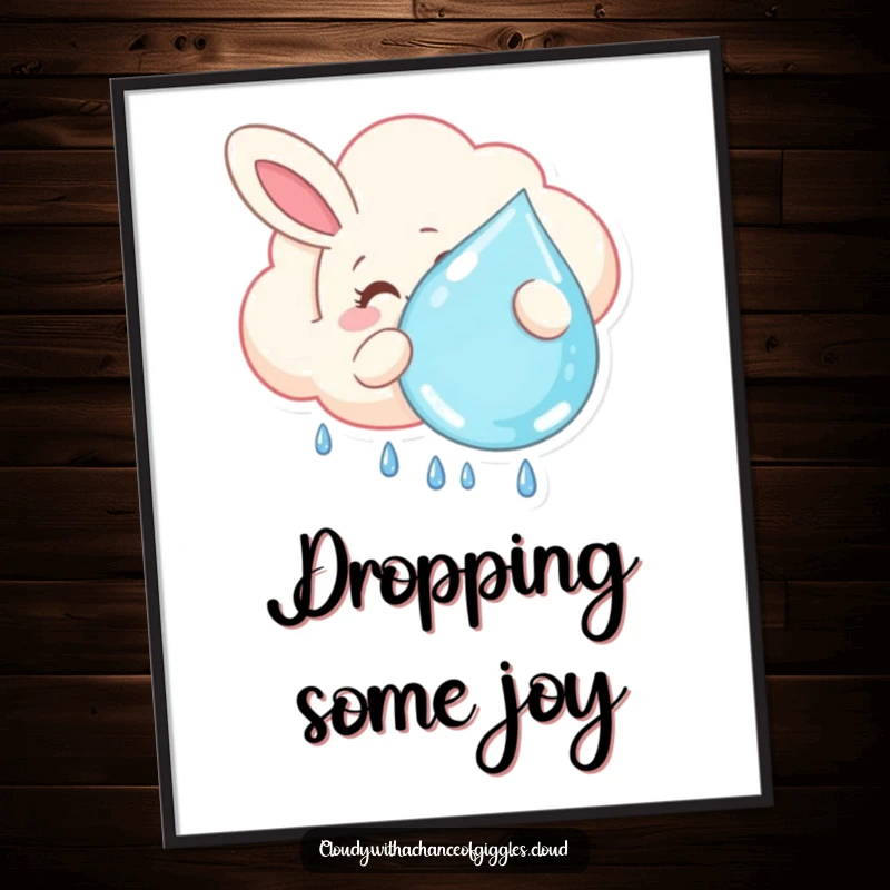 Funny digital art print of a smiling bunny-shaped cloud floating lazily, holding a large raindrop, offering instant whimsical decor and a touch of gentle joy.