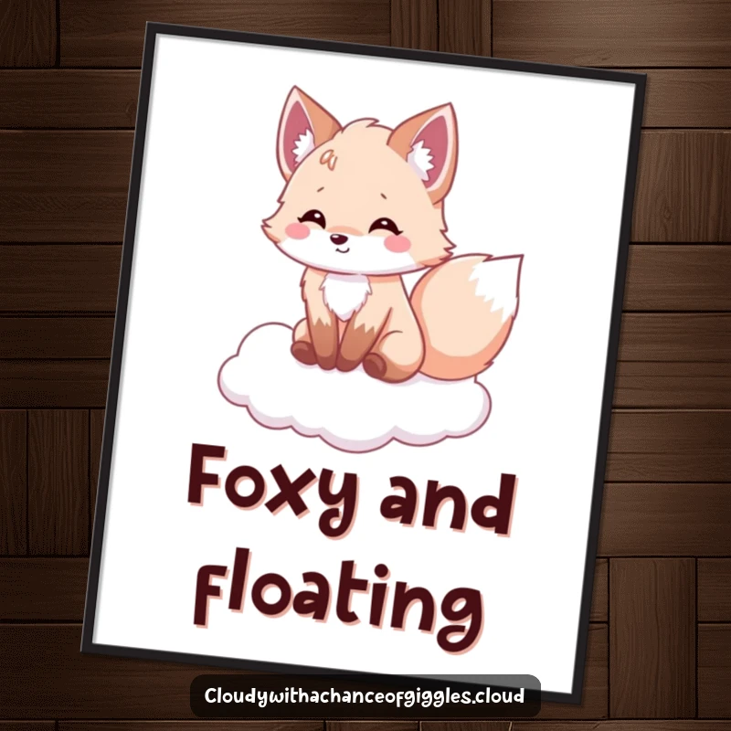 Funny fox digital art print, a fluffy fox on a cloud, tail wagging with delight, conveying pure joy and humor.