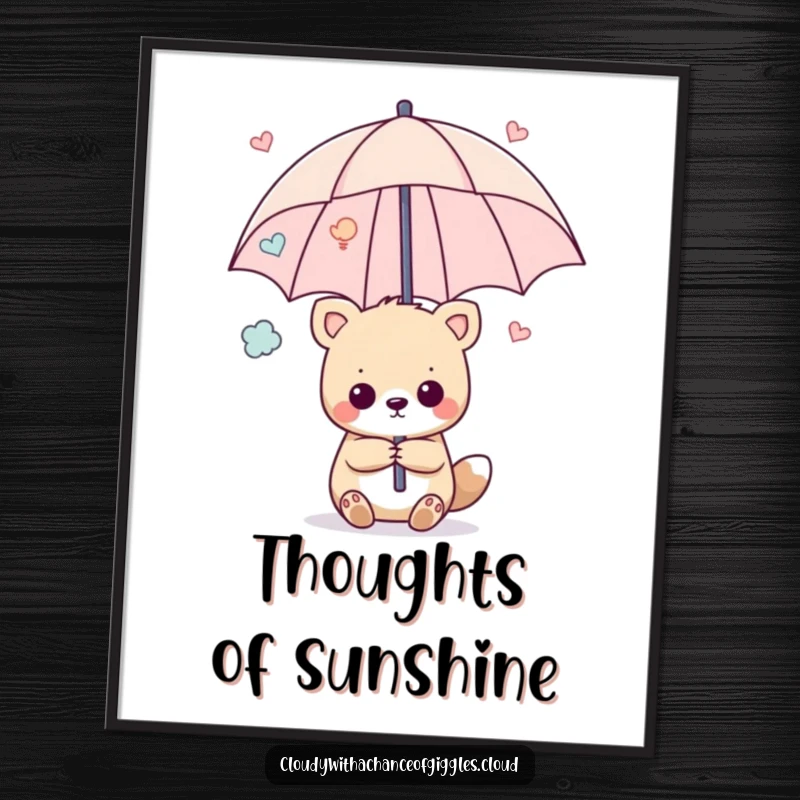 Funny digital art print featuring an animal holding an umbrella made of happy thoughts, offering instant cheerful and humorous decor.