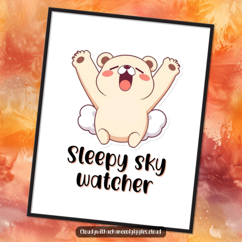 Funny digital art print of a little bear cloud character yawning widely and stretching its cloudy arms upwards, conveying sweet sleepiness.
