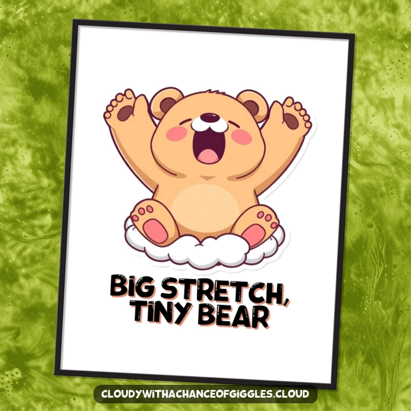 Funny Digital Art: A sleepy bear cloud yawns widely, stretching its arms, bringing instant cozy vibes and peaceful charm.