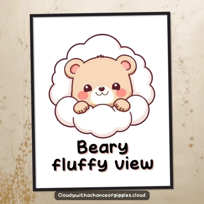 Funny digital art print of a cute bear cub peeking playfully from behind a large, smiling cloud.