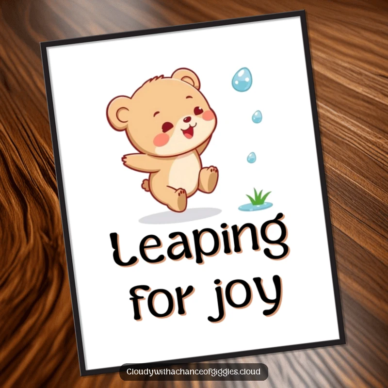 Funny Bear Cub Digital Art Print: A tiny bear cub in a joyful leap, chasing a raindrop, full of happy energy.