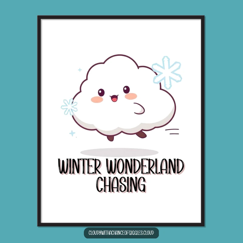 Funny Cloud Animal Digital Art: Chasing Snowflake, Instant Winter Print