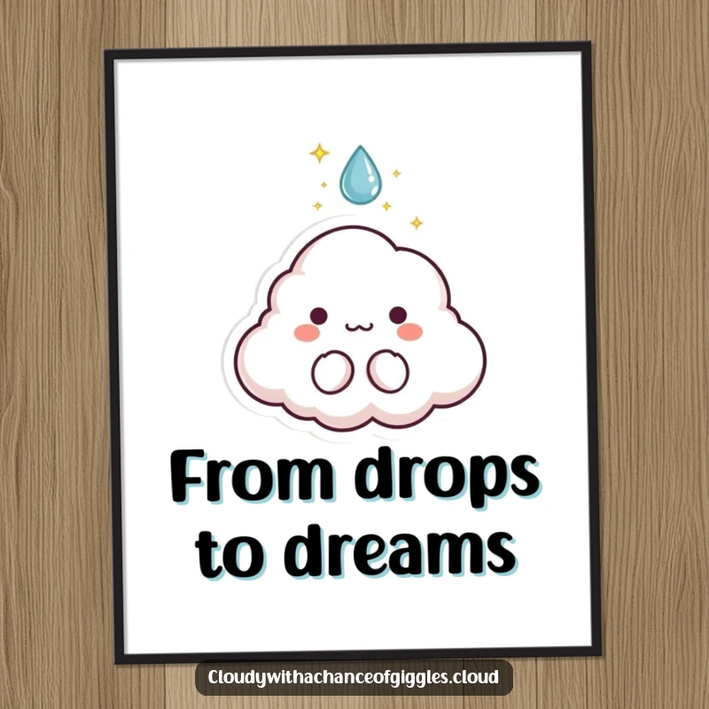 Funny digital art print of a tiny cloud animal character with sparkles bursting from a raindrop, full of magical charm.