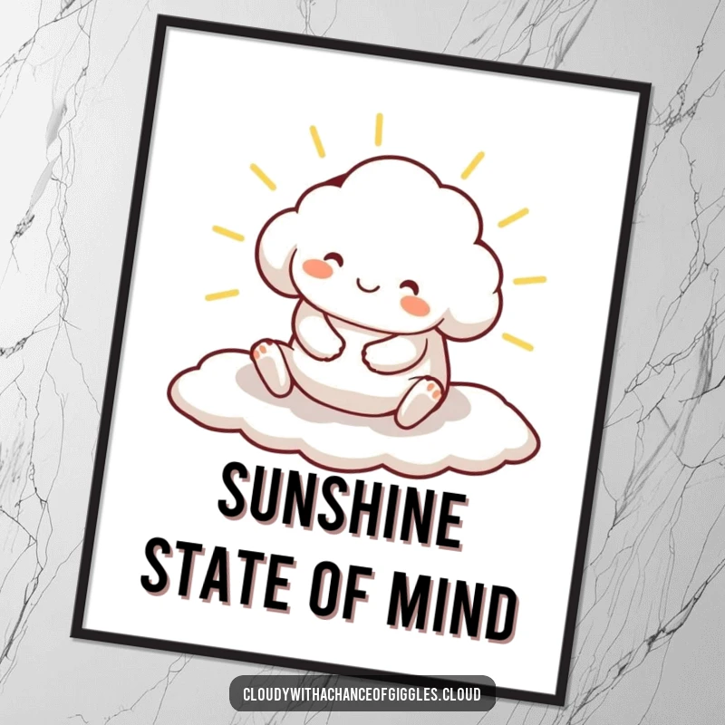 Funny digital art print of a smiling cloud animal character contentedly stretching on a sunbeam, radiating warmth and joy.