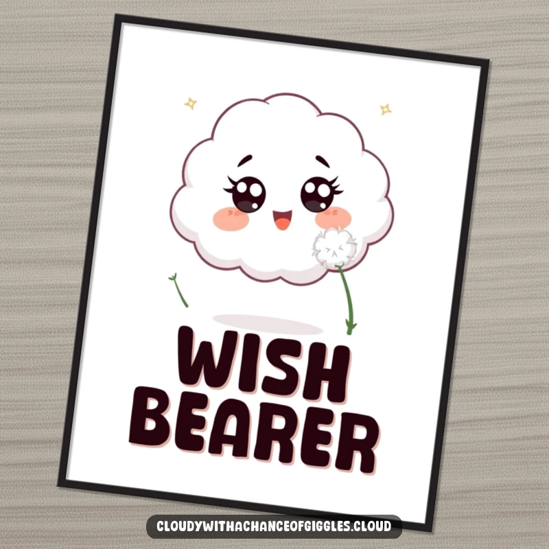 Funny digital art print of an excited cloud with wide eyes, joyfully chasing a fluffy white dandelion seed in a whimsical illustration.