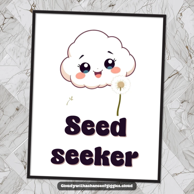 Funny, excited cloud with wide eyes chasing a fluffy white dandelion seed, available as digital art.