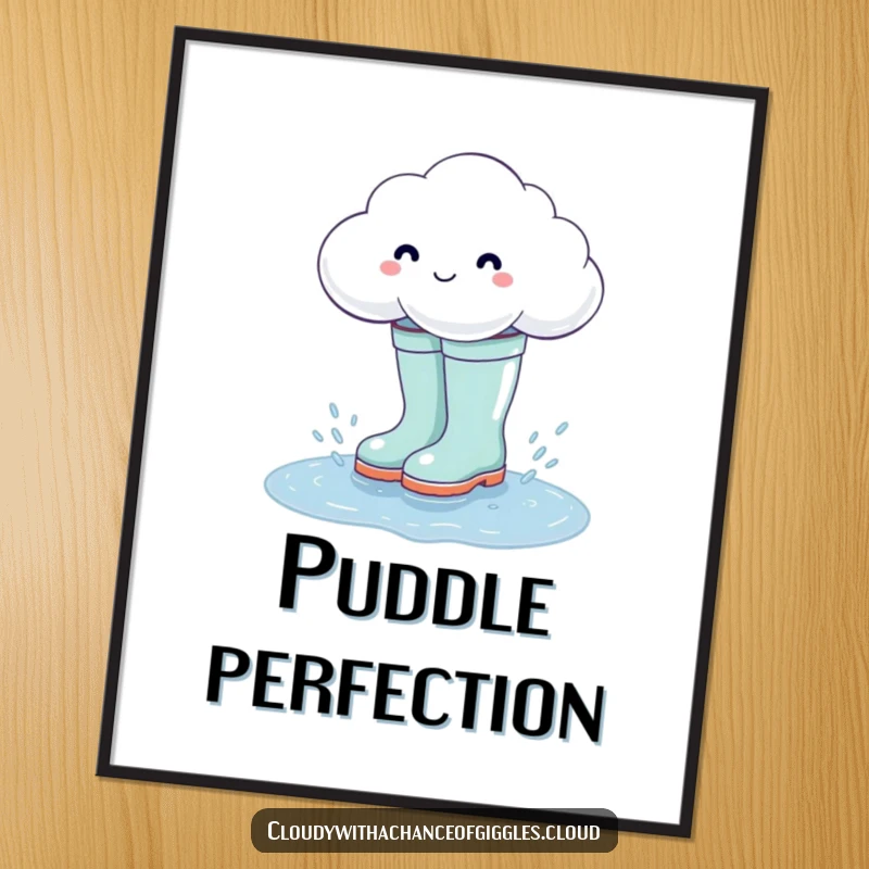 Funny cloud wearing large rain boots, splashing in a puddle, humorous digital art print.