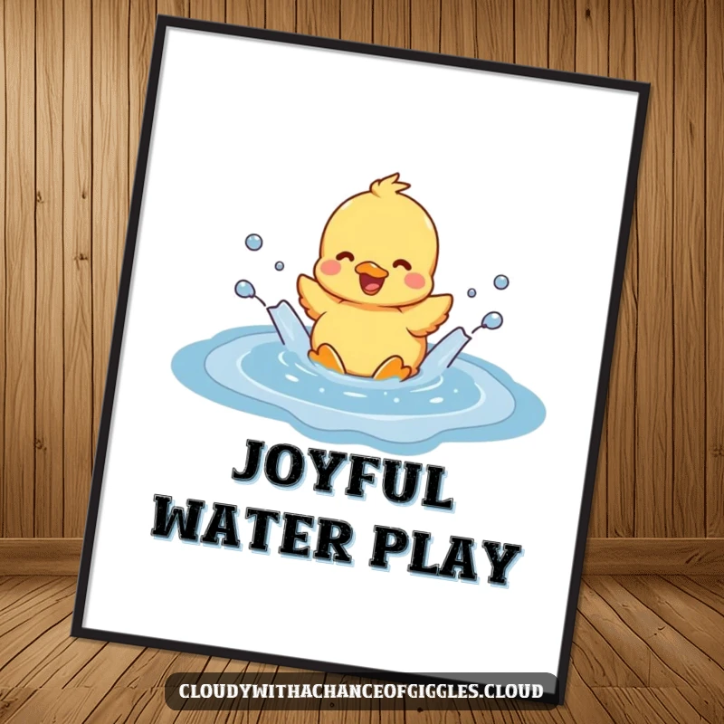 Funny duckling joyfully splashing in a cloud-shaped puddle, rendered as digital art, perfect for instant download and adding humor to any space.