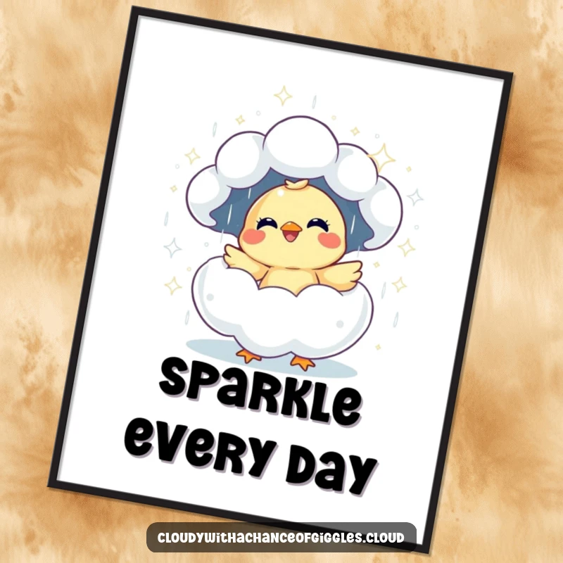 Funny giggling chick hatching from a rain cloud digital art print, offering instant cheerful decor and humor.