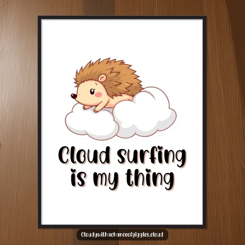 Funny digital art print of a cheerful hedgehog rolling down a soft, puffy cloud, capturing a moment of delightful fun.