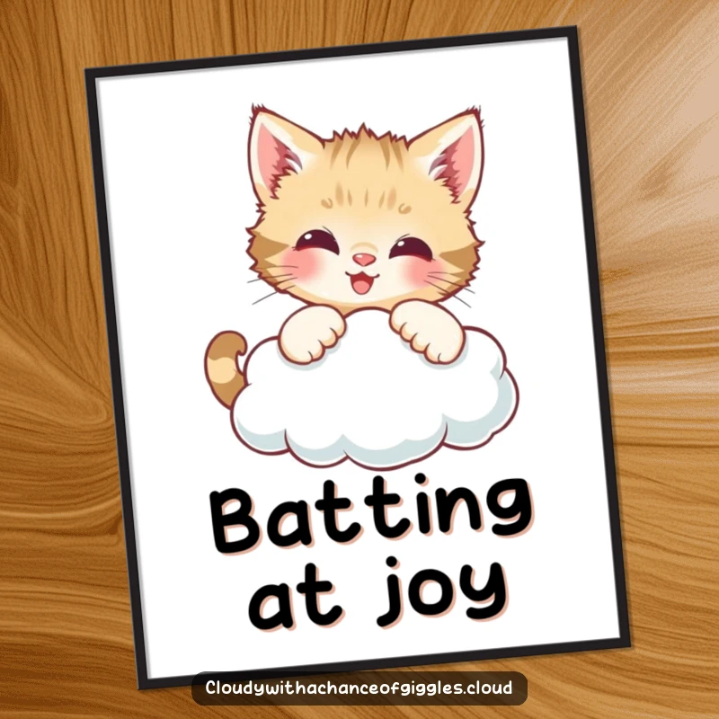 Funny digital art print of a curious kitten batting at a smiling cloud, ideal for instant, adorable wall decor.