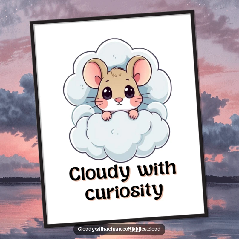 Funny mouse with big eyes peeks from a thundercloud, rendered as a bold and amusing digital art print.