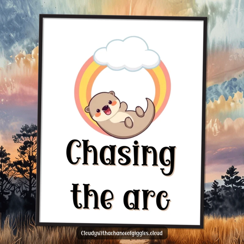 Funny digital art print of a happy otter sliding down a rainbow from a cloud, ideal for instant, cheerful wall decor.