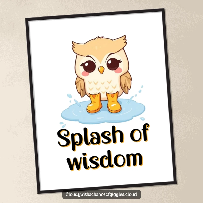 Funny digital art print of an owl in rain boots splashing in a cloud puddle, ideal for instant, whimsical wall decor.