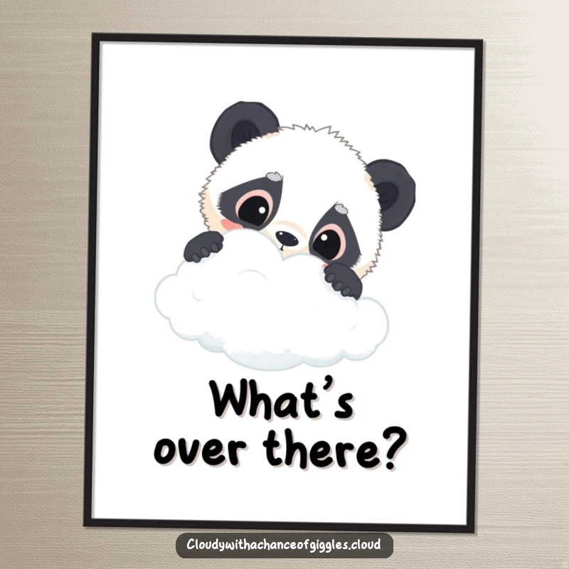 Funny panda cub digital art print of a curious panda cub peeking over a cloud, perfect for instant whimsical decor.