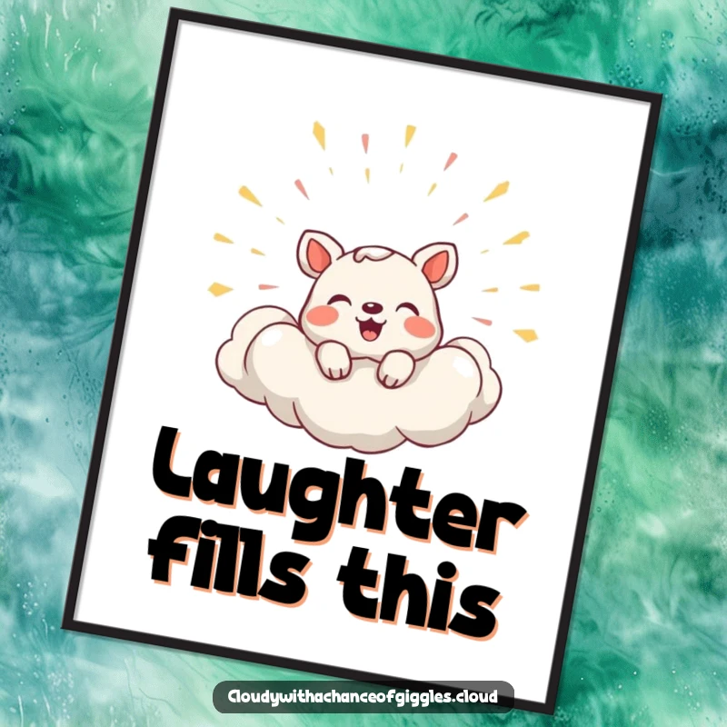 Funny Digital Art Print of a shy animal peeking from a cloud bursting with joyous, uncontrolled laughter.