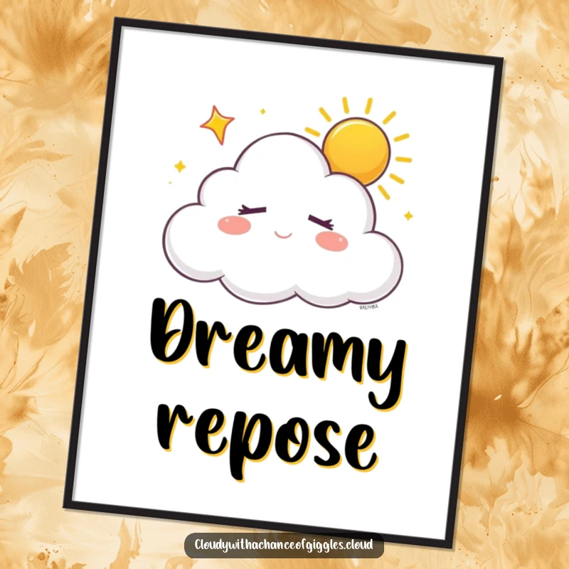 Funny sleepy white cloud with closed eyes, dreaming of sunshine with a happy sigh, as digital art, bringing instant dreamy peace.