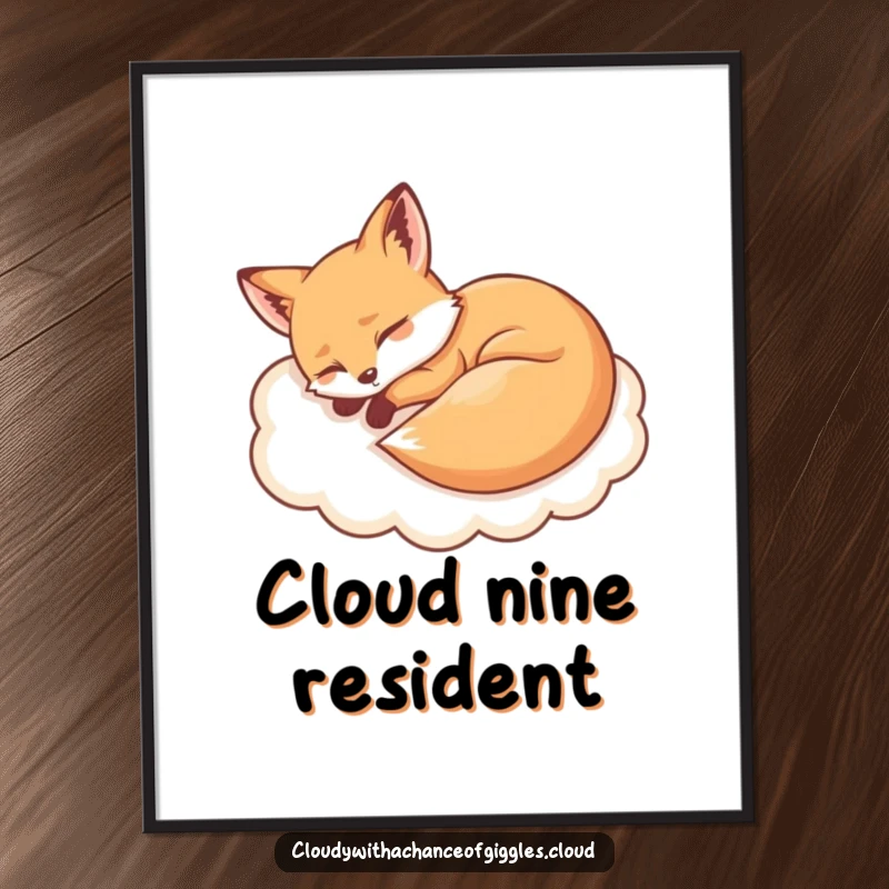 Funny sleepy fox curled up on a cloud digital art print, offering instant whimsical decor and humorous appeal.