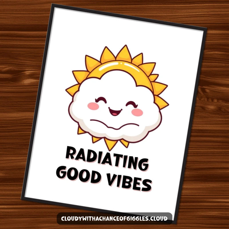 Funny sun and cloud digital art print, a smiling sun peeking from a happy cloud, conveying cheerful humor instantly.