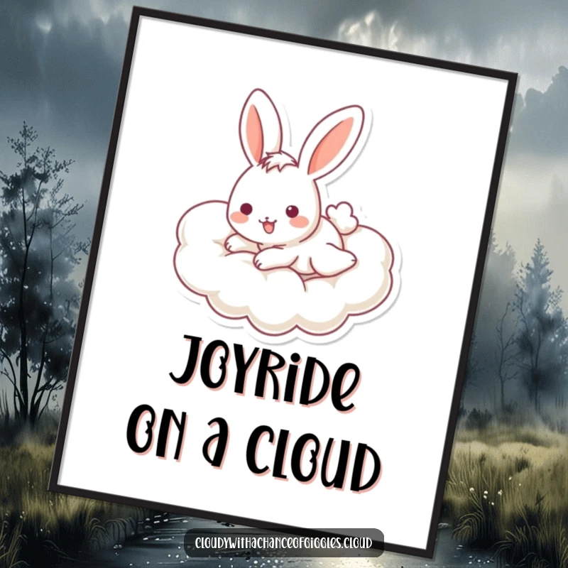 Funny bunny digital art print of a cheerful bunny sliding down a cloud, perfect for instant playful wall decor.