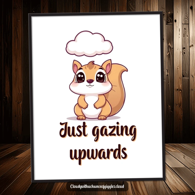 Funny squirrel digital art print, a wide-eyed squirrel looking up at a curious cloud, conveying whimsical humor for instant decor.