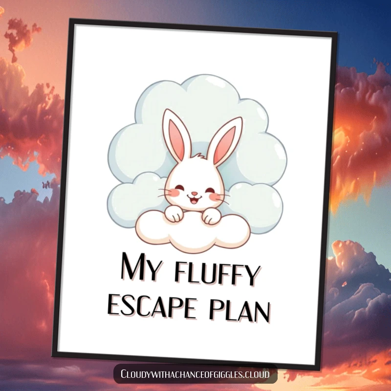 Funny digital art print of a smiling bunny peeking from behind a large, fluffy, whimsical cloud, perfect for charming wall decor.