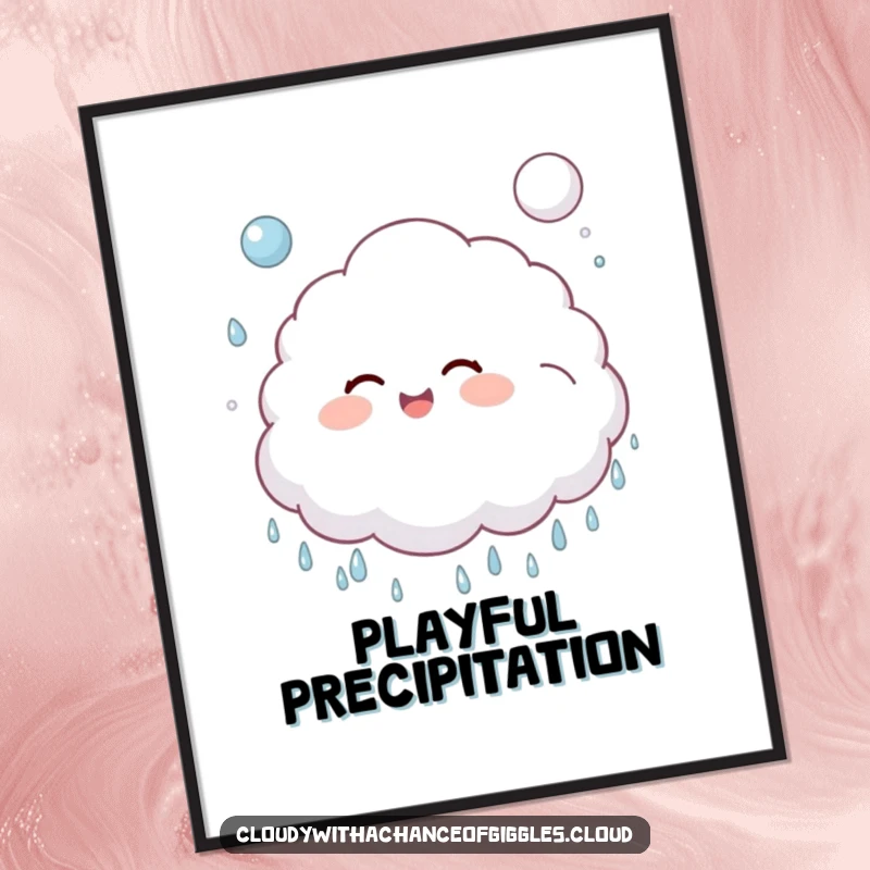 Funny, fluffy cloud child giggling and bouncing a soft, puffy raindrop like a ball, available as digital art.