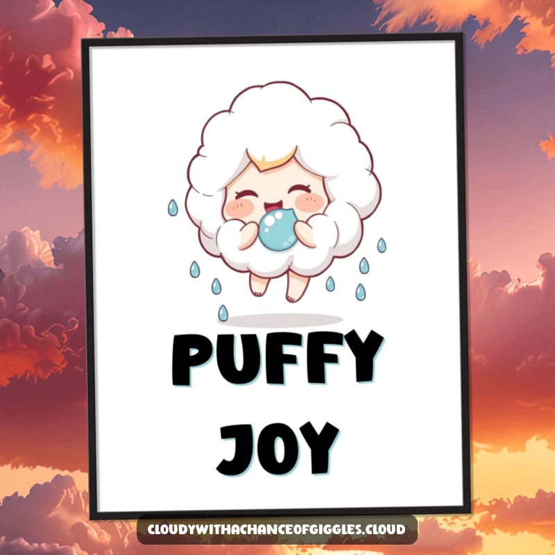 Funny digital art print of a fluffy cloud child giggling and bouncing a raindrop, adding whimsical and joyful charm.