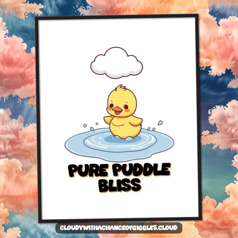 Funny Duckling Puddle Splash Digital Art Print, depicting a happy duckling splashing in a puddle under a cloud, for decor.