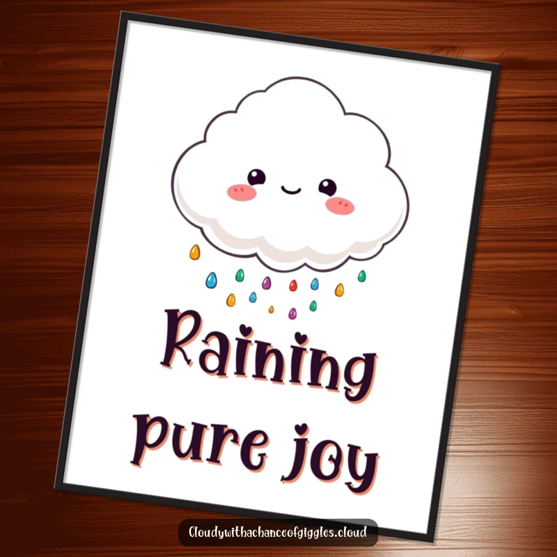Funny digital art print of a fluffy cloud character happily raining colorful, tiny raindrops, ready for printing.