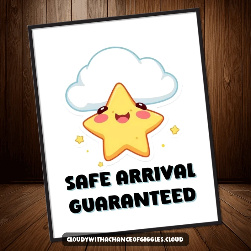 Funny digital art print featuring a happy star character safely descending from a cloud, offering instant whimsical and humorous decor.