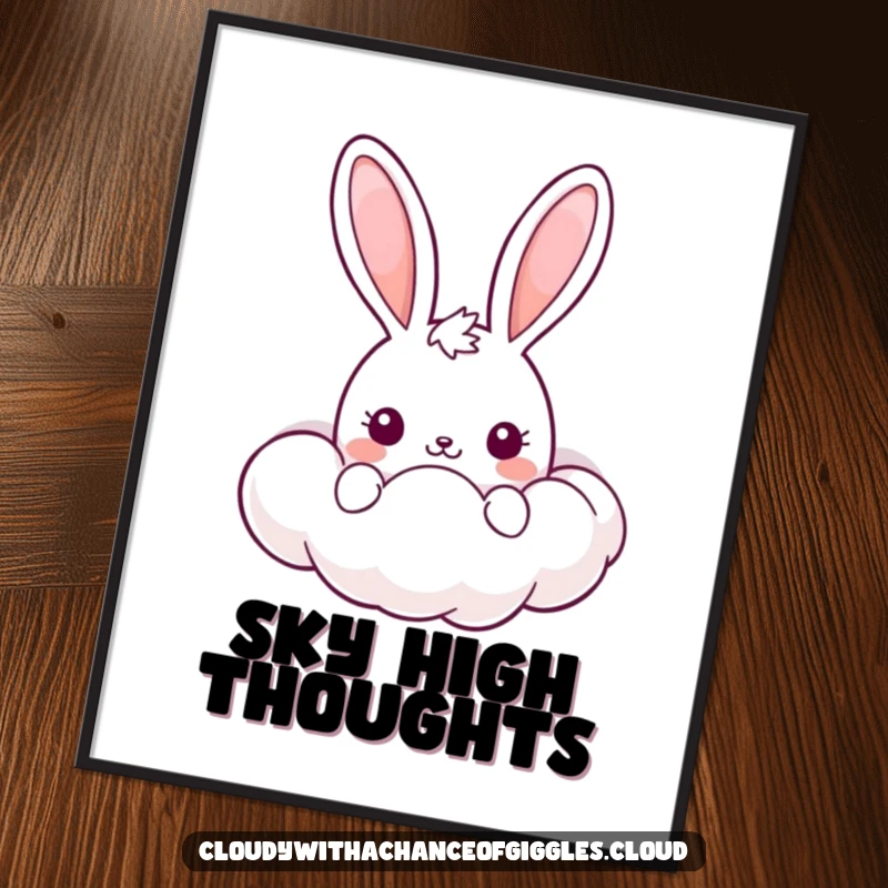 Funny Kawaii Bunny Digital Art Print: A charming bunny peeking from a plump, smiling cloud, ready to add whimsy.
