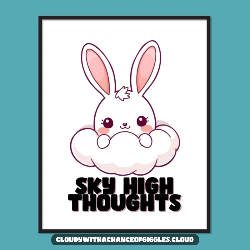 Funny Kawaii Bunny Digital Art: Whimsical Cloud Scene, Instant Funny Gift Download