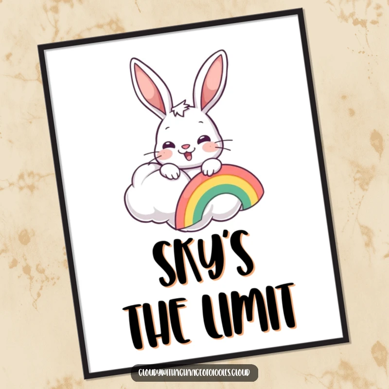 Funny cheerful bunny with a rainbow, peeking from a cloud, as a digital art print for instant decor.