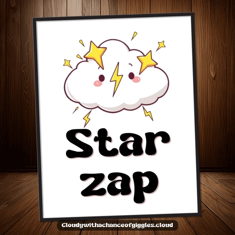 Funny cloud digital art print, a cloud zipping across the sky with lightning bolts shaped like stars, creating a dazzling scene.